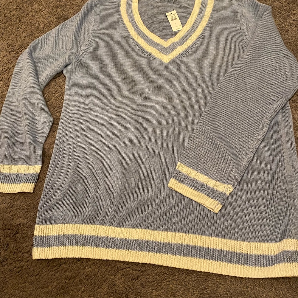 Talbots Light Blue and Cream V-Neck Linen Sweater Cable Knit Details NWT L
